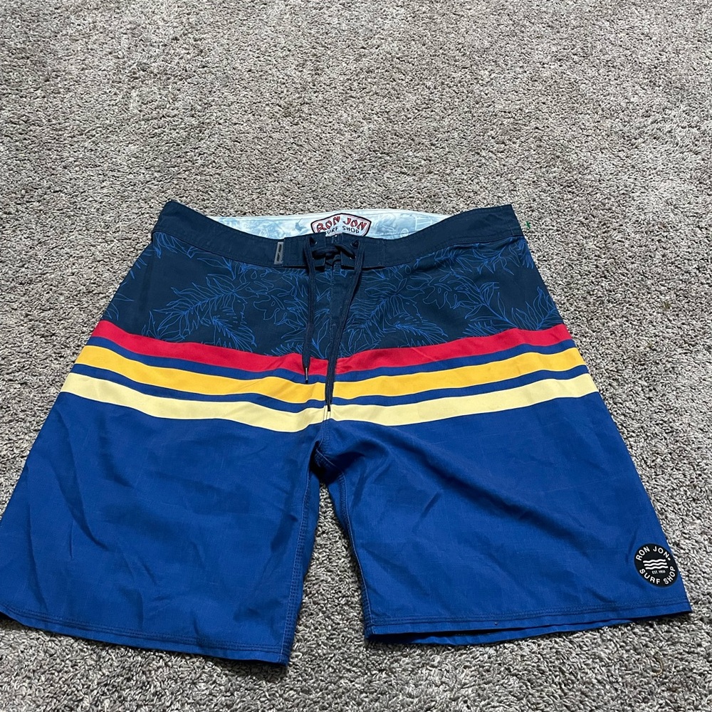 Ron Jon Surf Men’s board swim shorts SZ38 Blue W/red yellow stripes Summer SALE‎
